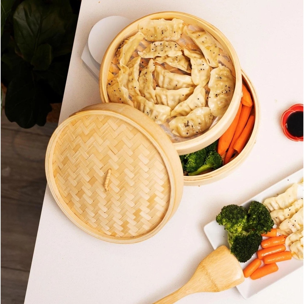 Traditional 10 Inch Bamboo Steamer Basket 2 Tier for Dumplings Buns Vegetables - Picture 5 of 11